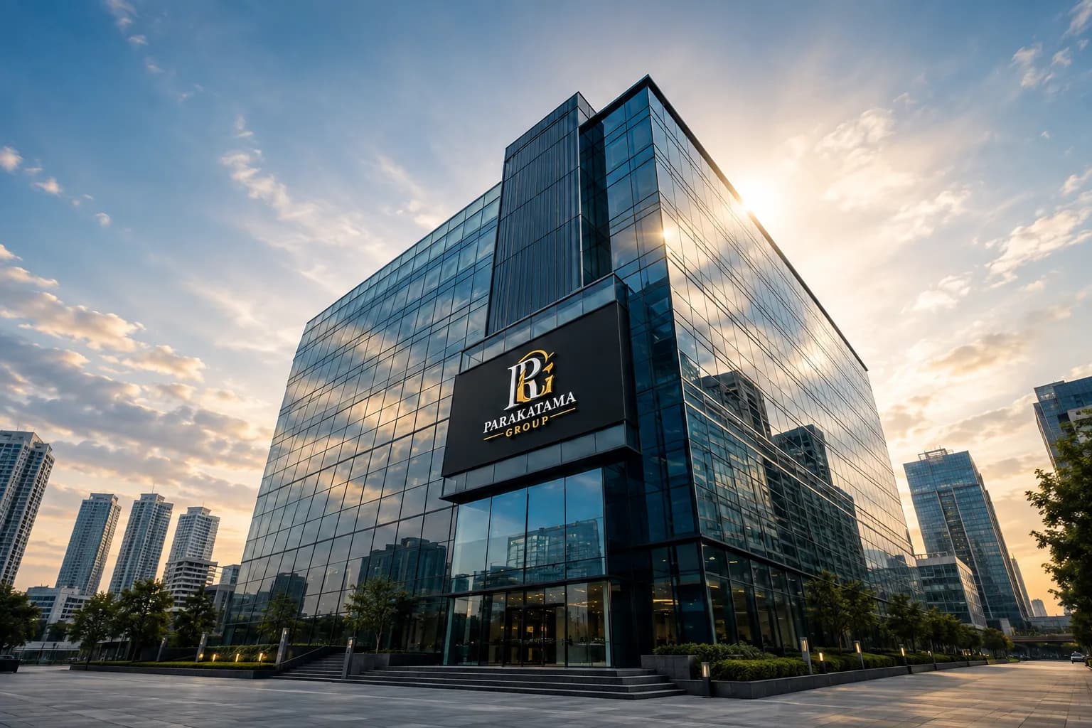 Gedung kantor Parakatama Group dengan fasad kaca modern