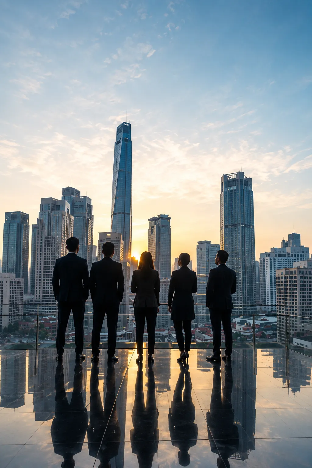 Tim profesional memandang skyline kota dari rooftop